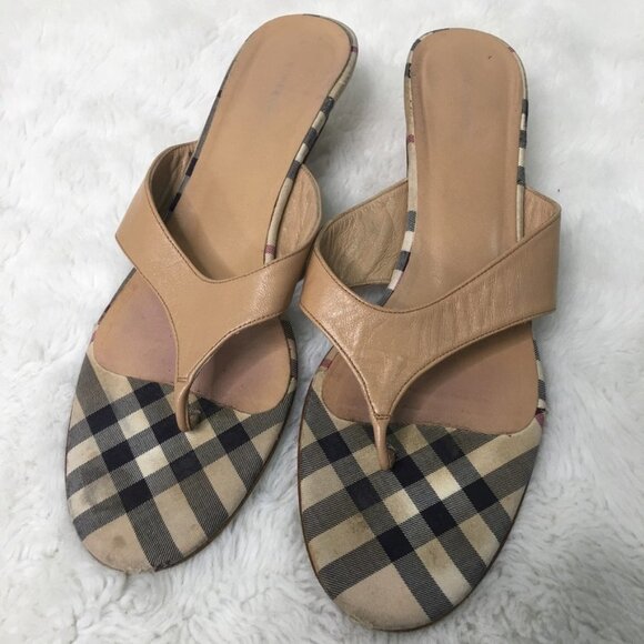 Burberry Nova Check Leather Thong Sandals Sz 38.5 - Picture 1 of 13
